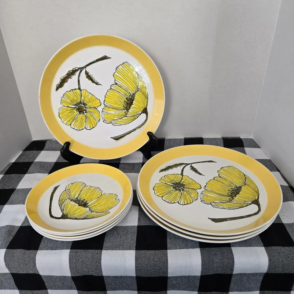 VTG Mikasa Duplex Plates Ben Seibel Duet 4 Dinner & 4 Salad Yellow Floral